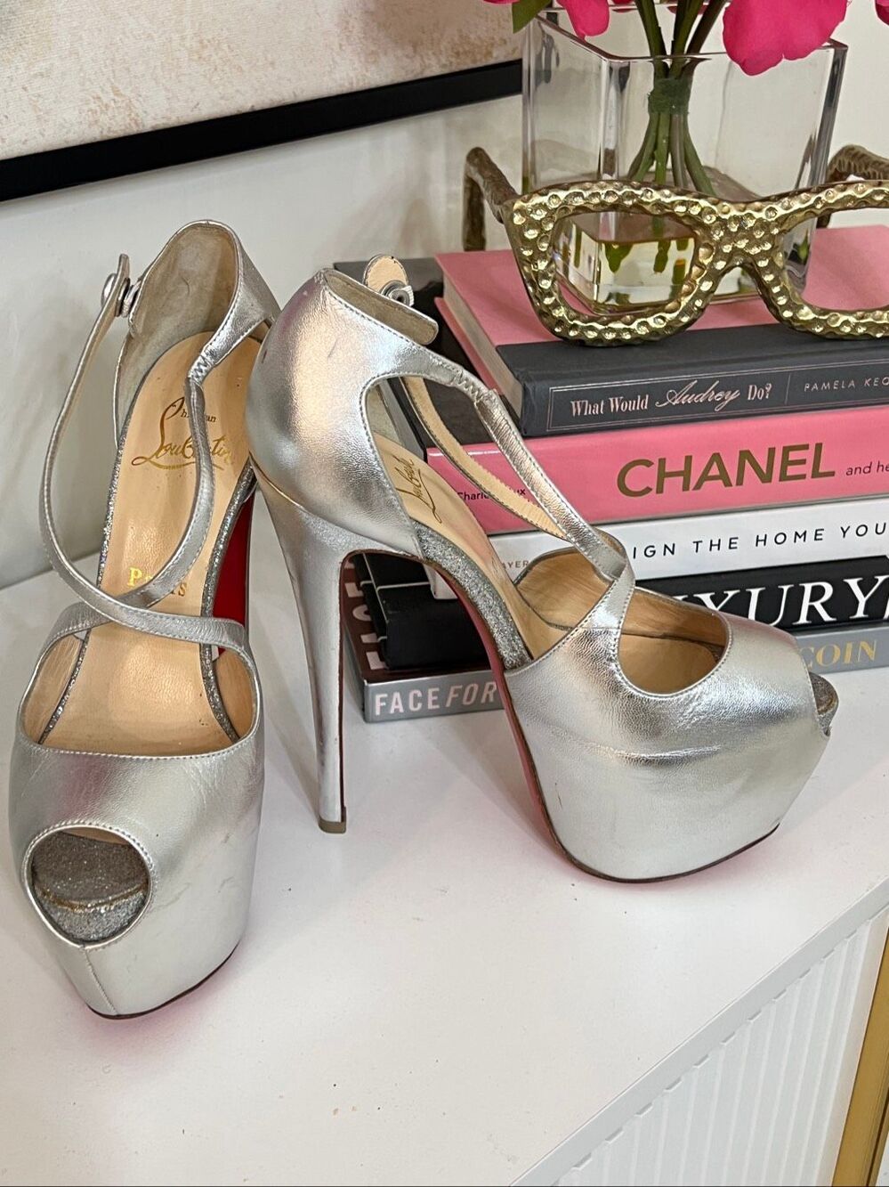 Christian Louboutin Women's Exagona Platform Sandals Metallic Silver Size 36